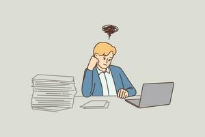 betrübt unzufrieden Geschäftsmann sitzen beim Schreibtisch im Büro überwältigt mit arbeiten. betont männlich Mitarbeiter Überarbeitung beim Arbeitsplatz auf Computer. Vektor Illustration.