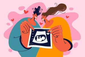 glücklich Paar zeigen Bild von Baby. lächelnd Mann und Frau zeigen Ultraschall Embryo Schuss. Elternschaft und Schwangerschaft. Vektor Illustration.