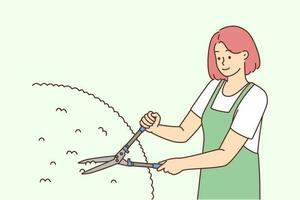 weiblich Gärtner im Schürze Schneiden Gebüsch mit Schere. Frau Arbeiten mit Schere draußen. Gartenarbeit und Gartenbau. Vektor Illustration.