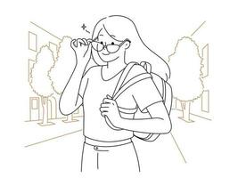 leende flicka med ryggsäck Framställ utomhus. Lycklig kvinna studerande i solglasögon på gata. ungdom och mode. vektor illustration.