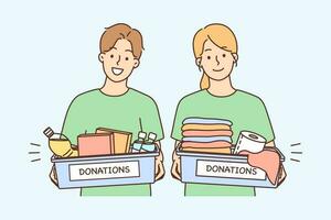 leende människor med donationer lådor. Lycklig volontärer innehav paket med donera varor. välgörenhet och volontär begrepp. vektor illustration.