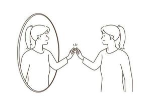 kvinna se i spegel prata till Övrig själv. bedrövad flicka lida från bipolär oordning eller psykologisk problem. vektor illustration.