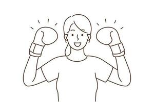 leende självsäker ung kraftfull kvinna med boxare handskar på händer. Lycklig flicka visa kraft och styrka. vektor illustration.