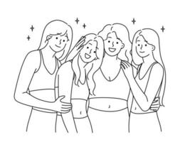 lächelnd vielfältig Frauen im Sportbekleidung Show verschiedene Zahlen. glücklich gemischtrassig getönt Frauen zeigen Körper Positivität. Vektor Illustration.