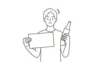 ung man håll flaska och varning tecken protest mot alkohol konsumtion. avgörande kille stå mot alkoholhaltig missbruk och dålig vana. vektor illustration.