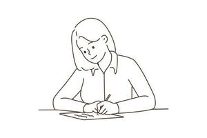 leende ung kvinna sitta på skrivbord skrivning brev. Lycklig flicka på tabell handstil på papper framställning anteckningar. vektor illustration.