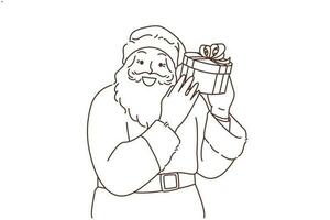 lächelnd Santa claus im Kostüm Stand halten eingewickelt Weihnachten Geschenk im Hände. froh Santa mit Geschenk gratulieren mit glücklich Neu Jahr. Feier. Vektor Illustration.