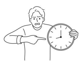 wütend Mann Punkt beim Uhr betont mit verpasst Termin. wütend männlich Show mit Finger auf Uhr betrübt mit Schlecht Zeit Management. Vektor Illustration.