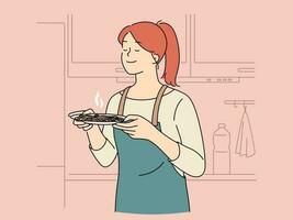 glücklich Frau im Schürze Geruch Essen im Küche. lächelnd zufrieden Mädchen Kochen beim Zuhause genießen köstlich Mahlzeit Vorbereitung. Vektor Illustration.