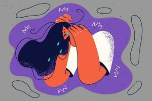 olycklig ung kvinna gråt lidande från depression eller mental problem. upprörd flicka kamp med psykologisk problem. vektor illustration.