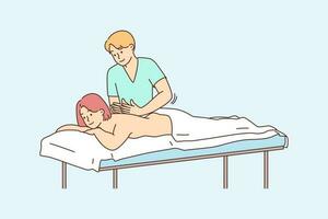 terapeut håller på med manuell massage till kvinna patient. manlig massör wok med kvinna klient i spa eller sjukhus. wellness begrepp. vektor illustration.