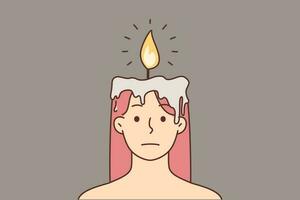 bedrövad ung kvinna med huvud brinnande som ljus. olycklig kvinna med levande ljus istället av hjärna. vektor illustration.