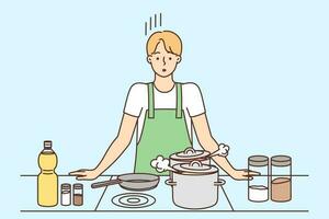 förvirrad ung man matlagning mat på kök. frustrerad kille förbereda maträtt eller måltid i kokkärl på Hem. hushåll jobb. vektor illustration.