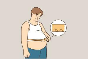 upprörd fett man mäta mage med tejp lida från överdriven vikt. olycklig övervikt manlig bedrövad med stor buk behöver diet. vektor illustration.