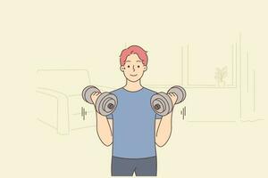 jung Mann mit Hanteln Ausbildung beim heim. lächelnd Kerl tun Sport trainieren drinnen. physisch Aktivität und trainieren. Vektor Illustration.