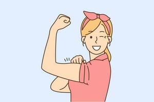 leende ung kvinna visa muskler känsla kraftfull och stark. Lycklig flicka demonstrera kraft och styrka. kvinna ledarskap och Framgång. vektor illustration.