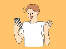 aufgeregt jung Mann aussehen beim Handy Bildschirm schockiert durch gut Nachrichten online. glücklich Kerl überrascht durch tolle unerwartet Angebot auf Smartphone. Vektor Illustration.