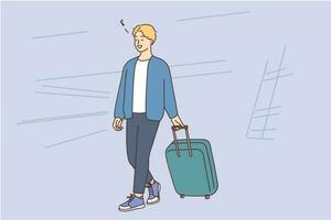 leende man med resväska gående i flygplats redo för resa. Lycklig kille med bagage upphetsad med semester eller högtider. turism begrepp. vektor illustration.