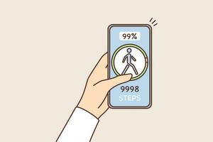 Person halten Handy Verfolgung Schritte folgenden gesund Lebensstil. Mann oder Frau mit Smartphone prüfen physisch Aktivität auf Anwendung. Vektor Illustration.