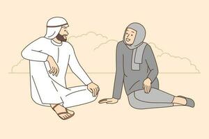 glücklich Arabisch Paar Sitzung im Park reden. lächelnd arabisch Mann und Frau haben Konversation draußen. Vektor Illustration.