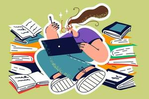 jung weiblich Schüler Studie online auf Laptop mit Haufen von Bücher nahe. lächelnd Mädchen beschäftigt auf Computer mit Fernbedienung Bildung umgeben durch Lehrbücher. Vektor Illustration.