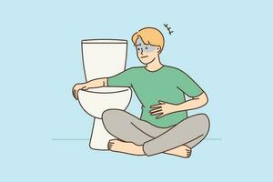 ungesund Mann sitzen in der Nähe von Toilette Gefühl krank. nicht wohl krank Kerl Gefühl Übelkeit wollen zu erbrechen im Toilette. Gesundheitswesen Konzept. Vektor Illustration.