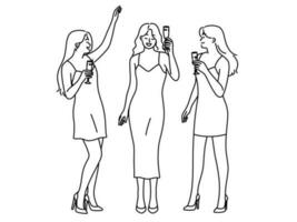 lächelnd Frauen im Kleider Trinken Champagner genießen Party. glücklich Mädchen feiern mit trinken im Hände. Vektor Illustration.