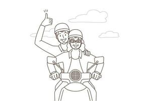 glücklich Alten Paar Fahren auf Motorrad. lächelnd energisch reifen Mann und Frau haben Spaß genießen Motorrad Reiten draußen. Vektor Illustration.