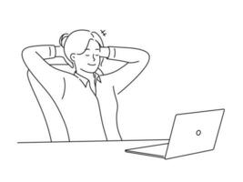 glücklich Geschäftsfrau entspannen im Stuhl im Büro abgelenkt von Computer arbeiten. lächelnd weiblich Mitarbeiter nehmen Nickerchen Tagtraum beim Schreibtisch beim Arbeitsplatz. Vektor Illustration.