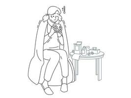 ungesund jung Frau leiden von kalt trinken warm Tee nehmen Medikamente beim heim. nicht wohl krank Mädchen Kampf mit Grippe oder Covid. Medizin und Gesundheitspflege. Vektor Illustration.