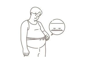 verärgert Fett Mann messen Bauch mit Band leiden von übermäßig Gewicht. unzufrieden Übergewicht männlich betrübt mit groß Abdomen brauchen Diät. Vektor Illustration.