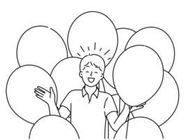 lycklig pojke med ballonger fira Lycklig födelsedag. leende barn känna upphetsad fira årsdag. vektor illustration.