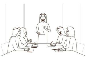 Arabisch Menschen sich unterhalten auf Treffen im Büro. arabisch Geschäftsmann führen Einweisung mit Kollegen beim Arbeitsplatz. International Geschäft. Vektor Illustration.