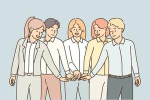 Gruppe Geschäftsleute stellen ihr Hände zusammen zu pflegen freundlich Atmosphäre im Mannschaft und machen Geschäft produktiv. erfolgreich Geschäftsleute tun Zusammenarbeit erreichen Erfolg und erfüllen Der Umsatz planen vektor
