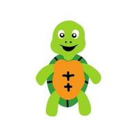 süß und komisch Grün Schildkröte mit braun Hülse. Seite Aussicht von glücklich Schildkröte Charakter Stehen isoliert auf Weiß Hintergrund. kindisch farbig eben Vektor Illustration