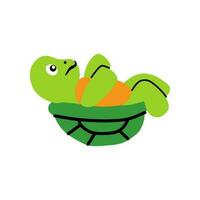 süß und komisch Grün Schildkröte mit braun Hülse. Seite Aussicht von glücklich Schildkröte Charakter Stehen isoliert auf Weiß Hintergrund. kindisch farbig eben Vektor Illustration