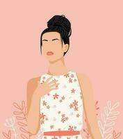 Porträt von ein modisch Frau. schön jung Frau im Sommer- Kleider mit Blumen- drucken. stilvoll abstrakt Mädchen im Pastell- Farben. Mode Vektor Illustration