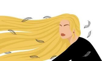 abstrakt blond Frau mit dick lange Haar. Frisur, Dekor Blätter. Schönheit Salon Banner Konzept. Vektor Illustration auf Weiß Hintergrund.