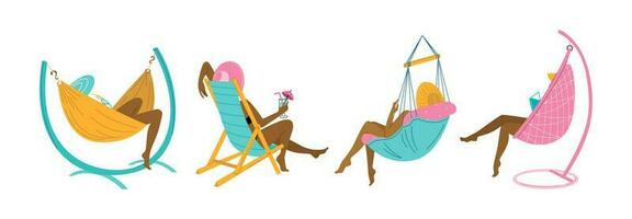 Sommer- Satz. ziemlich Frauen sind Sitzung im ein Hängematte, im ein hängend Stuhl, im ein Chaise longue, ein Kokon Stuhl. Sommer- Schwingungen. Erholung im Natur, auf das Meer. Vektor eben Illustration