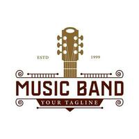 Land Gitarre Musik- Western Gitarre Spindelstock zum Gitarrist Band Logo, Jahrgang retro Saloon Bar Logo Design vektor