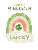 söt Lycklig st. Patricks dag hälsning kort, tur- regnbåge med fyra blad klöver unge tecknad serie karaktär vattenfärg hand målning vektor