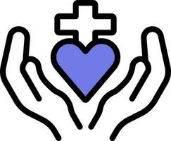 kristen korsa med bön- händer ikon i blå och vit Färg. vektor