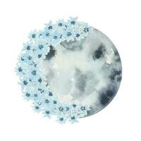 Hand gezeichnet Illustration von Mond mit Blau Blumen, Blume Mond, Aquarell vektor