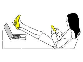 Geschäftsfrau Sitzung auf Stuhl mit mit gekreuzten Beinen Schreibtisch mit Handy, Mobiltelefon Telefon. vektor