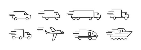 leverans ikoner uppsättning - lastbil, plan, tåg, plan, bil.olika leverans ikoner förbi annorlunda fordon dragen i vektor