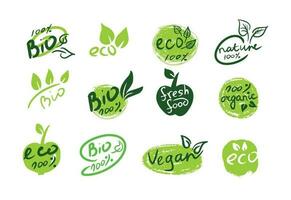 einstellen von Öko Symbole. ökologisch Essen Briefmarken. organisch natürlich Essen Etiketten.Vektor Illustration. vektor