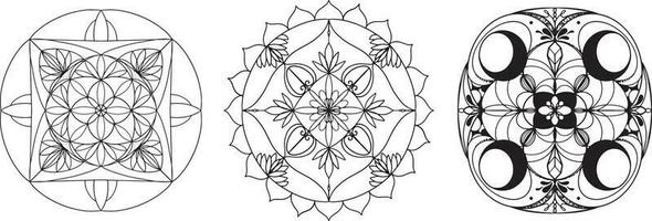 mandala vektor grafik. mandala uppsättning linje konst. mandala med växt element. mandala med måne grafik