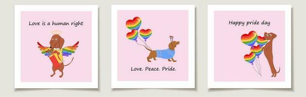 uppsättning av stolthet dag kort med taxar hundar drar en regnbåge hjärtan, valentines på en släde och dekorera regnbåge ballonger i de form av en hjärta. kärlek, månad stolthet vektor