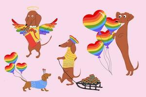 Dackel Hunde zieht ein Regenbogen Herzen, Valentinsgrüße auf ein Schlitten und schmücken Regenbogen Luftballons im das gestalten von ein Herz. Vektor Illustration