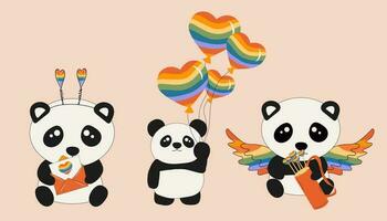 uppsättning av söt liten Sammanträde pandor innehar regnbåge hjärtan. tecknad serie djur- karaktär för barn kort, bebis dusch, inbjudan, affisch, t-shirt sammansättning, hus interiör. vektor stock illustration